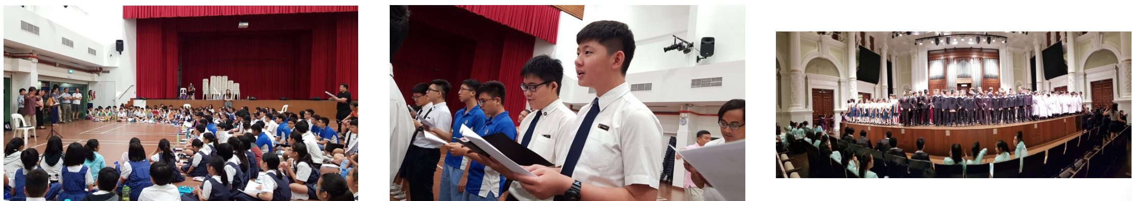 Three school event scenes showing students in uniforms gathered in halls, singing or reading from sheets on stage.